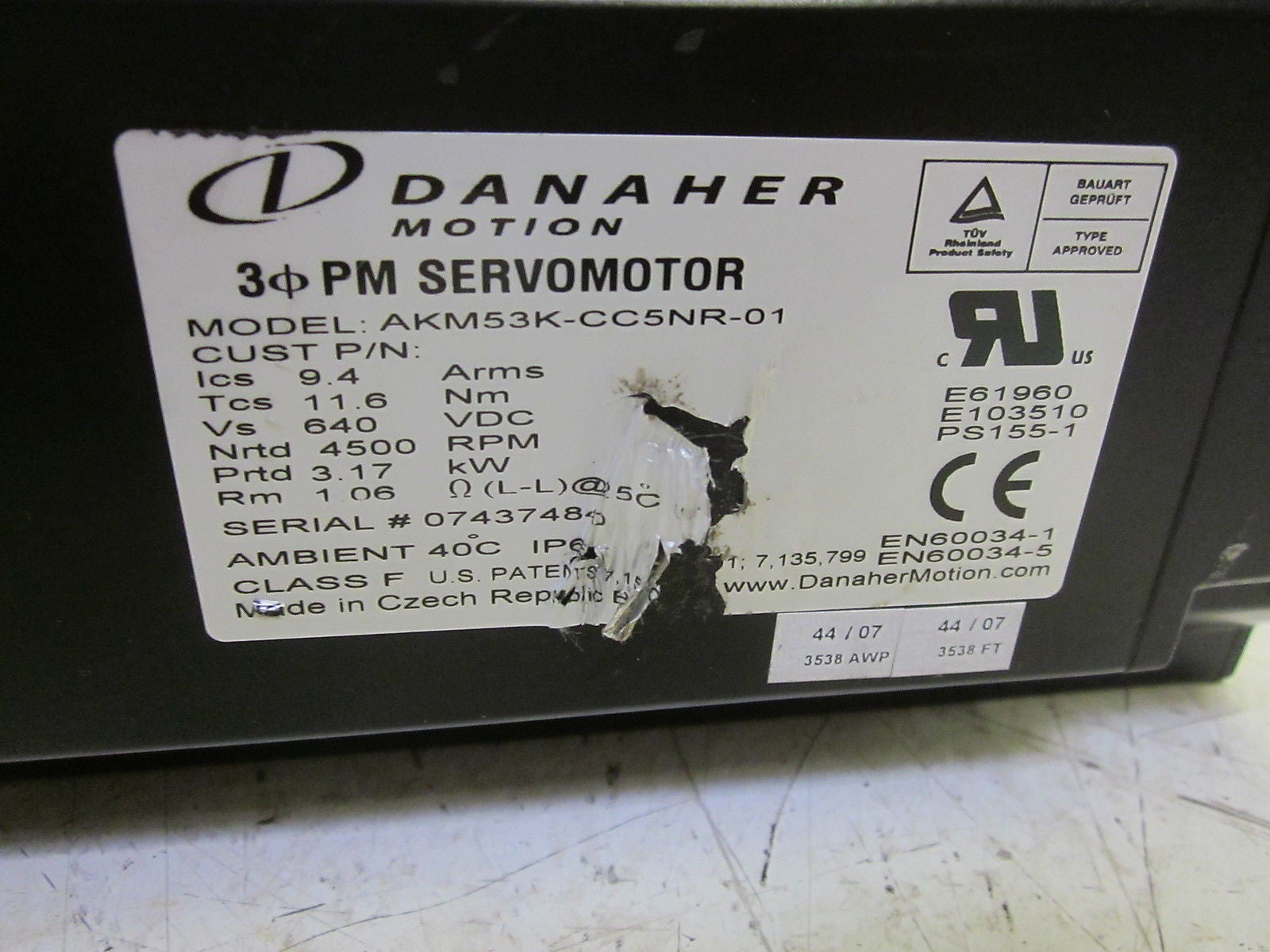 DANAHER AKM53K-CC5NR-01 SERVO MOTOR 640VDC 4500RPM (AS IS) *NEW NO BOX*
