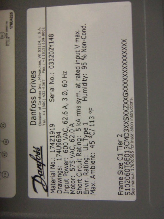 DANFOSS 131H9812 60 HF VLT FC-100 SERIES DUAL DRIVE WITH 174Z1919 *NEW NO BOX*