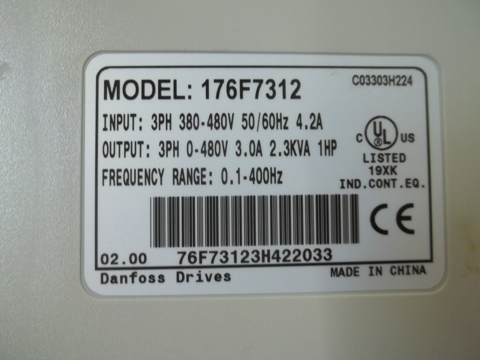 DANFOSS 176F7312 AC FREQUENCY DRIVE *USED*