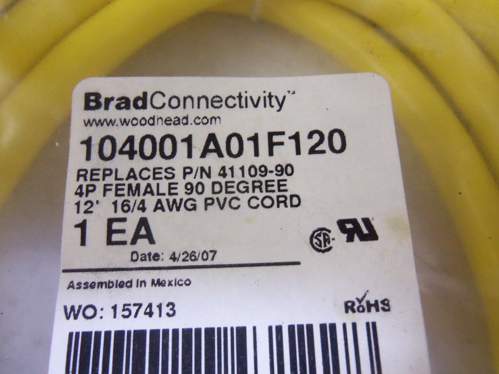 DANIEL WOODHEAD 41109-90 104001A01F120 CONNECTOR CABLE *NEW IN FACTORY BAG*