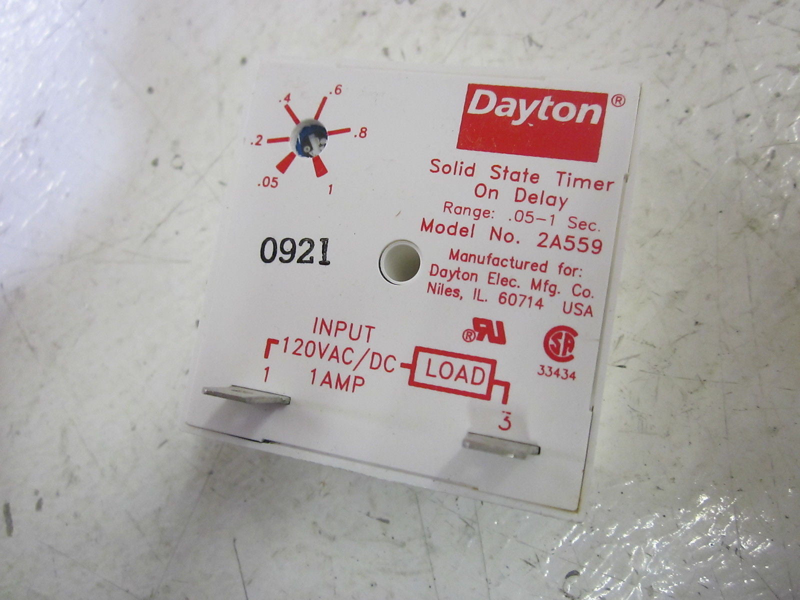DAYTON 2A559 SOLID STATE TIMER ON DELAY  .05-1 SECOND *USED*