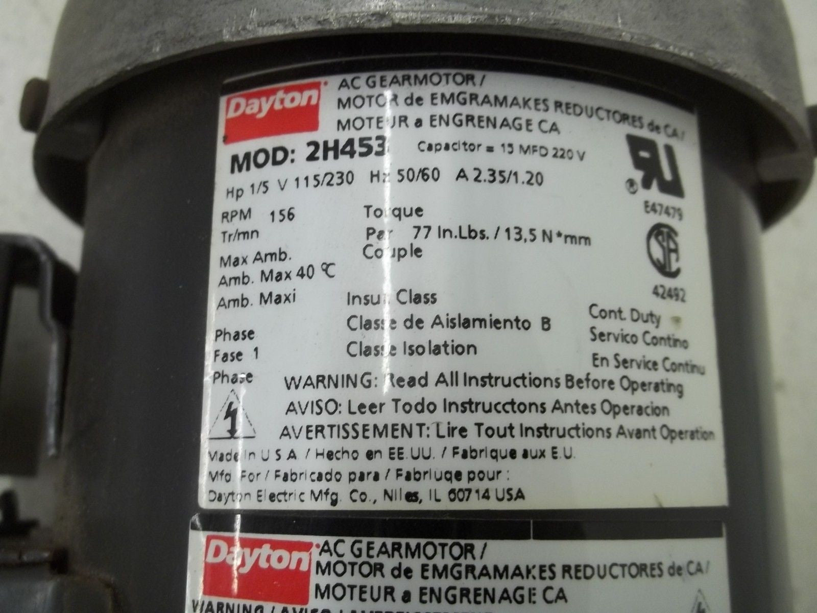 DAYTON 2H453 AC GEAR MOTOR *USED*