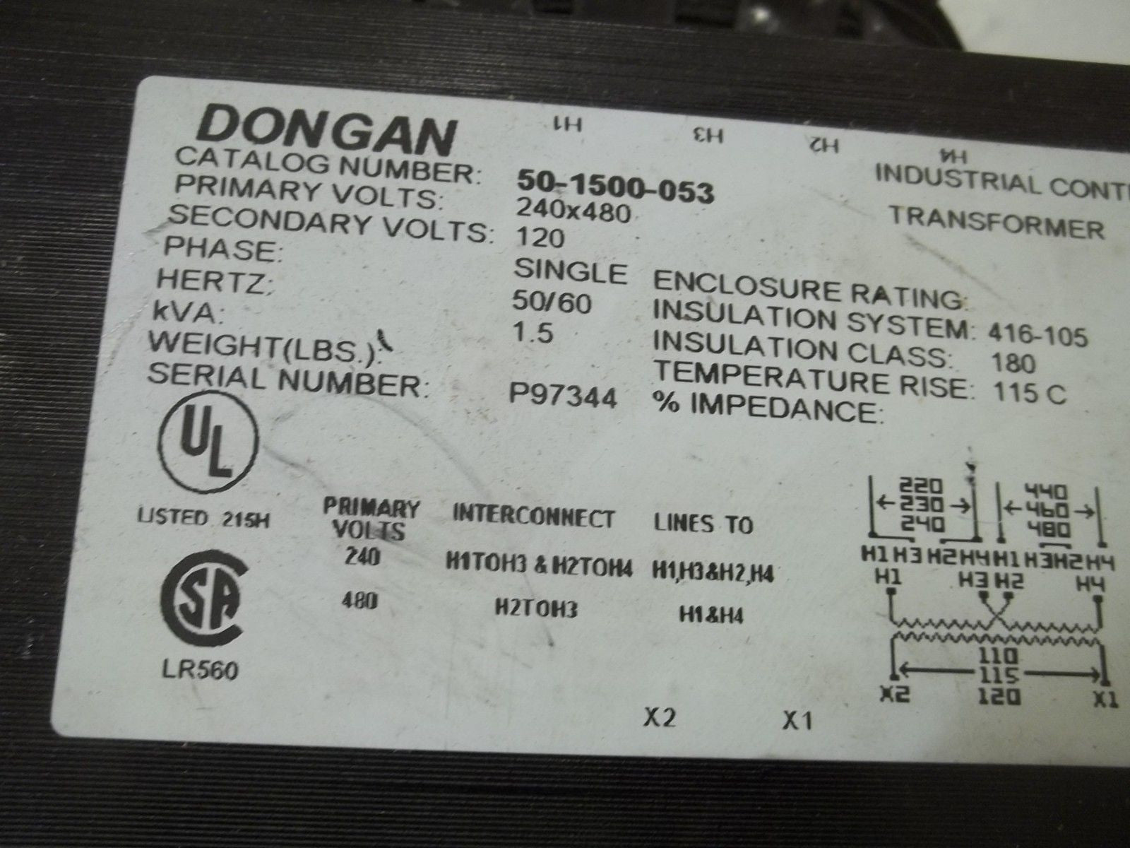 DONGAN 50-1500-053 TRANSFORMER 120V *USED*
