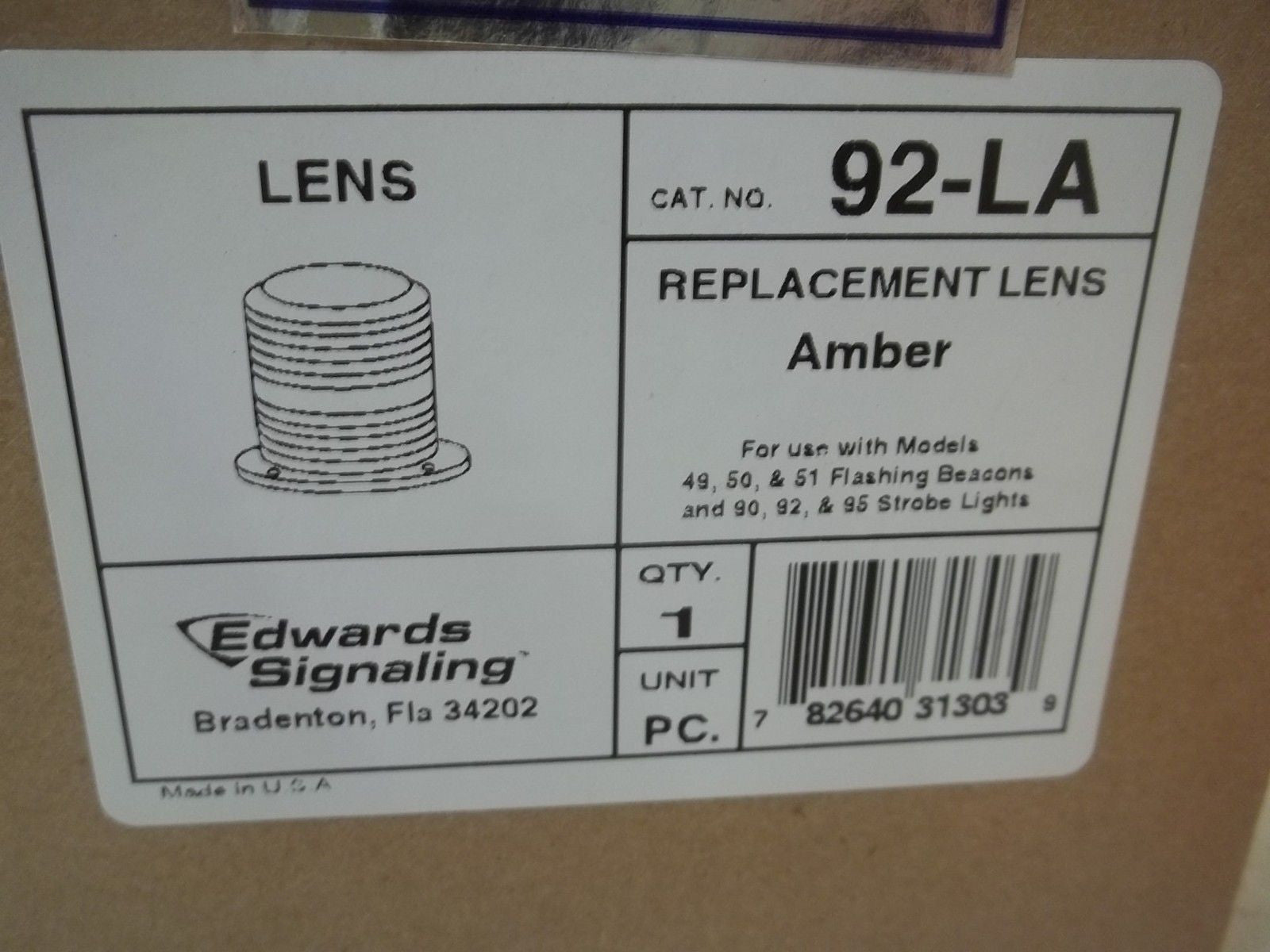 EDWARDS 92-LA REPLACEMENT LENS AMBER *NEW IN BOX*