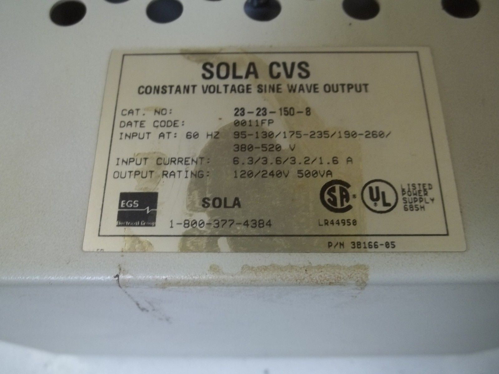 EGS/SOLA 23-23-150-8 CONSTANT VOLTAGE TRANSFORMER*USED*