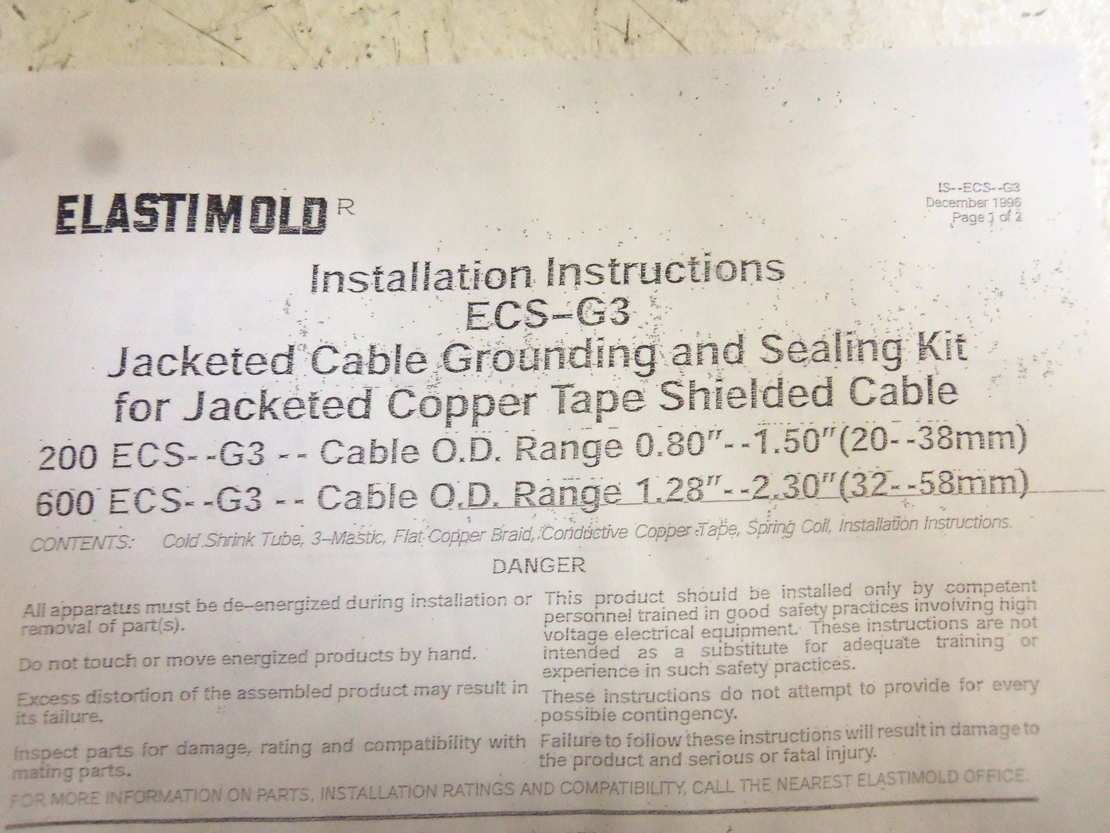 ELASTIMOLD ECS-G3 JACKETED CABLE GROUNDING AND SEALING KIT *NEW IN BOX*