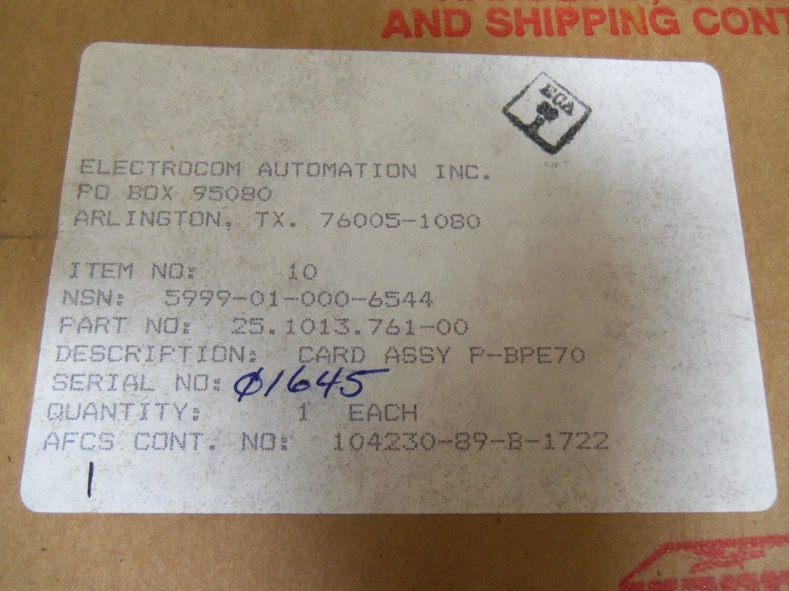 ELECTROCOM AUTOMATION INC. 25.1013.761-00 *NEW IN BOX*