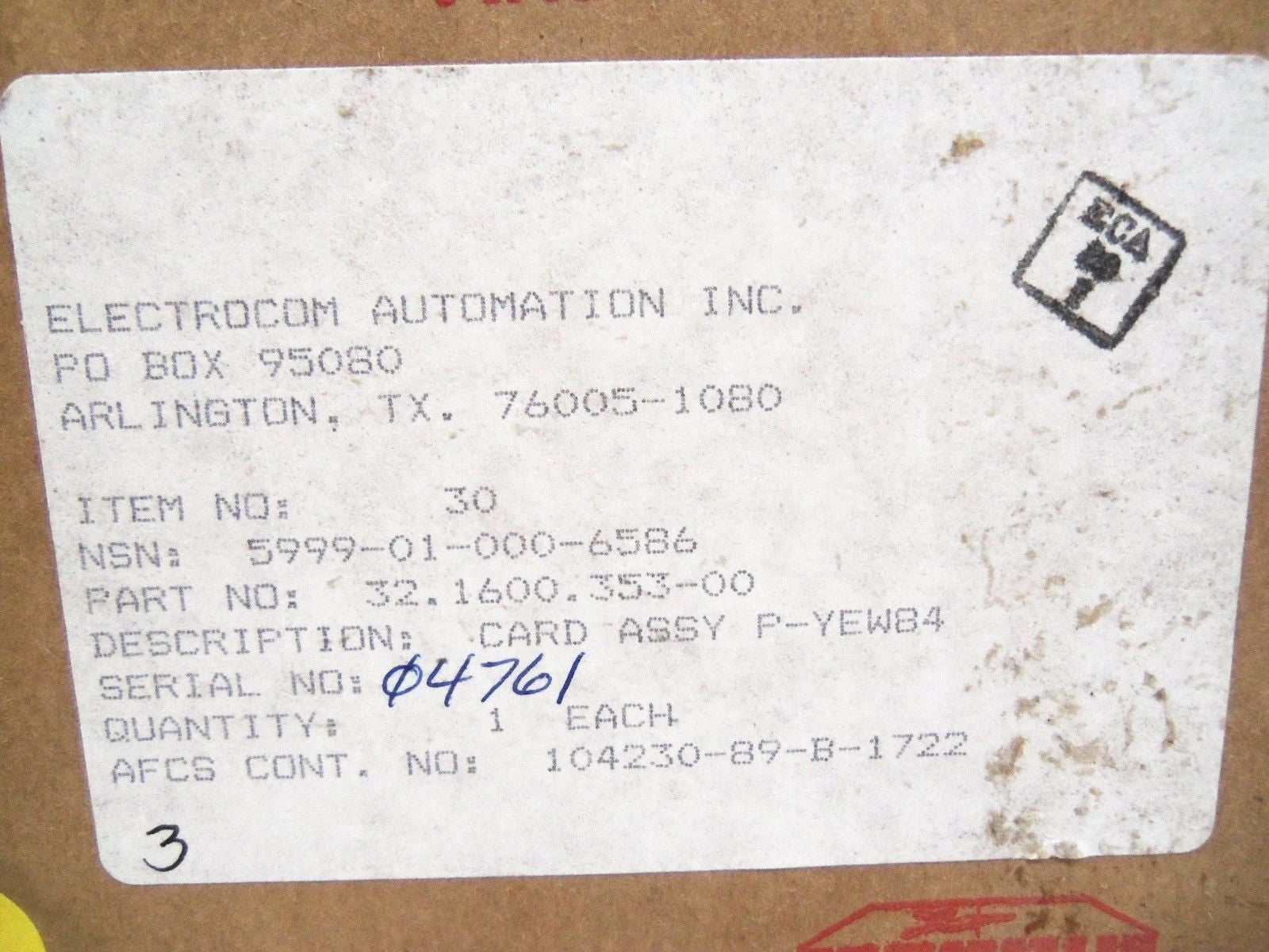 ELECTROCOM AUTOMATION INC. 32.1600.353-00 *NEW IN BOX*