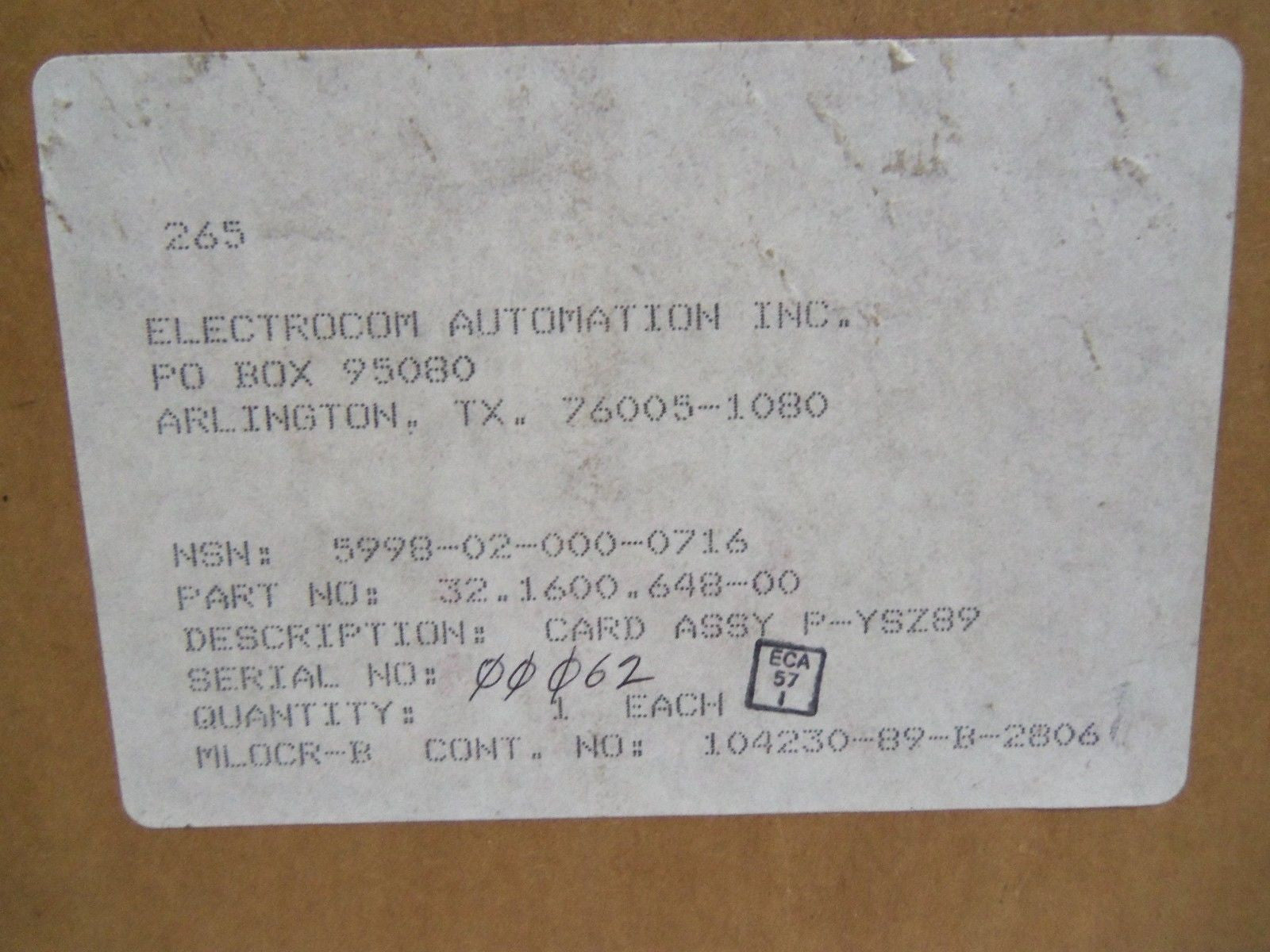 ELECTROCOM AUTOMATION INC. 32.1600.648-00 *NEW IN BOX*