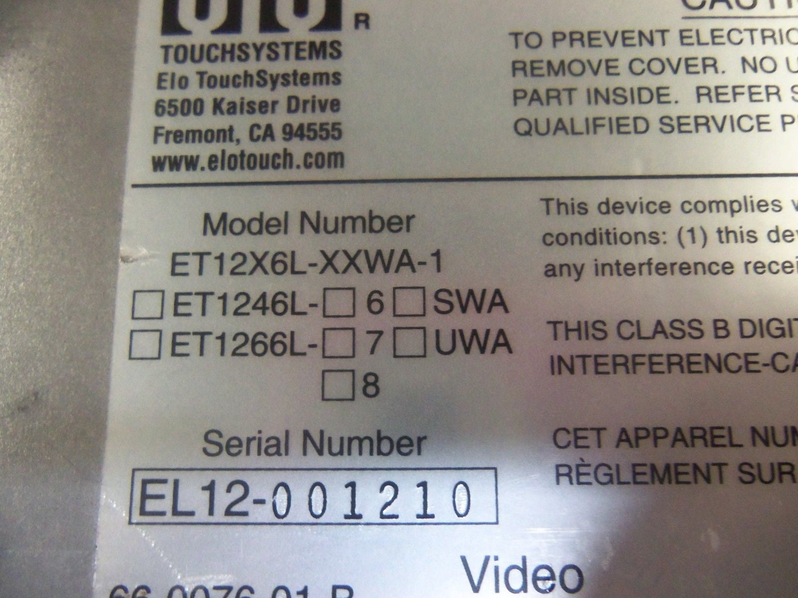 ELO ET12X6L-XXWA-1 NO POWER CORD *USED*