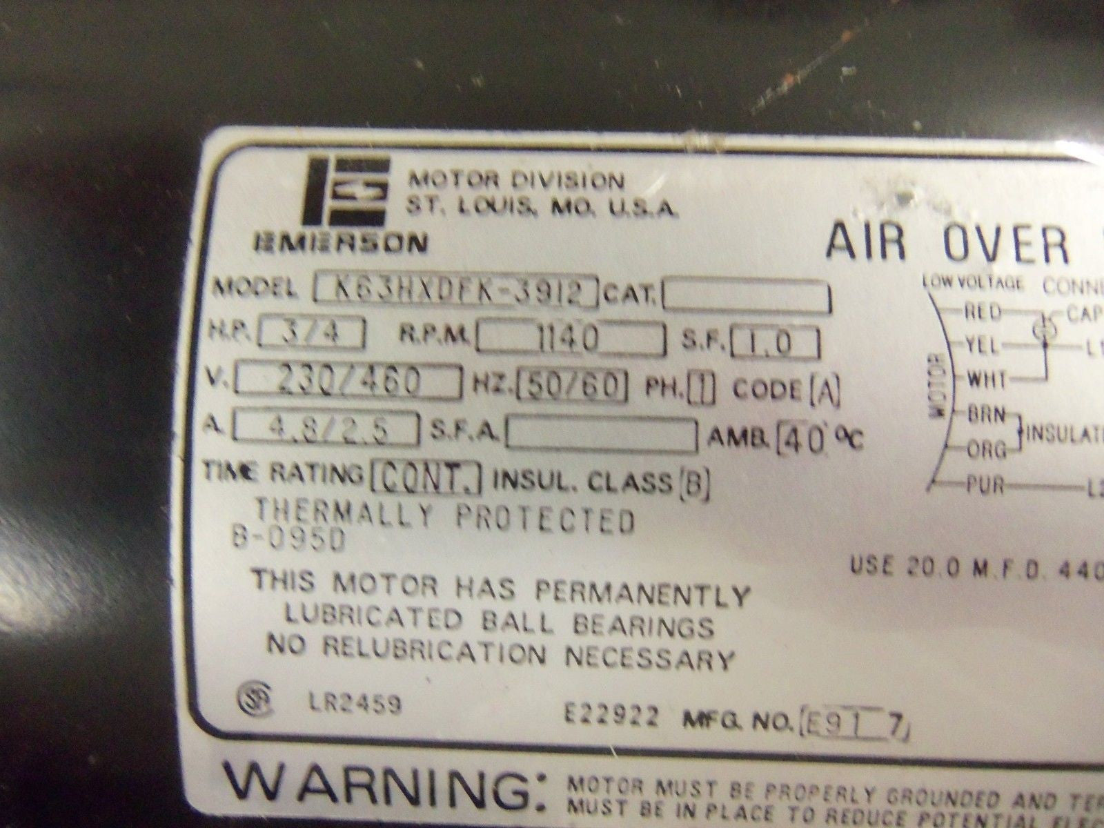 EMERSON K63HXDFK-3912 MOTOR 3/4 HP 1140 RPM *USED*