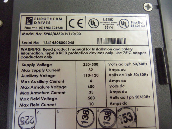 EUROTHERM 590S/0350/9/1/0/00 DRIVE *USED*