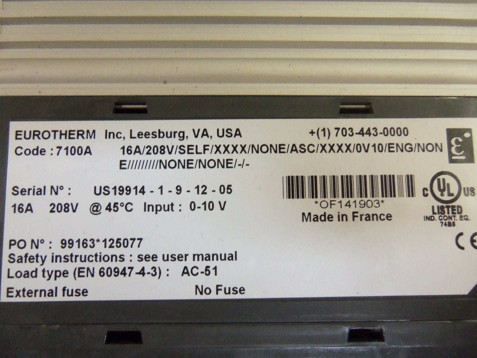 EUROTHERM 7100A 16A/208V/SELF/XXXX/NONE/ASC/XXXX/0V10/ENG/NONE/////////NONE/NONE