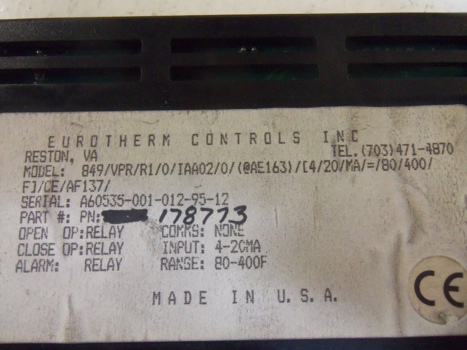 EUROTHERM 849/VPR/R1/0/IAA02/0/(@AE163)/[4/20/MA/=/80/400/F]/CE/AF137/ *USED*
