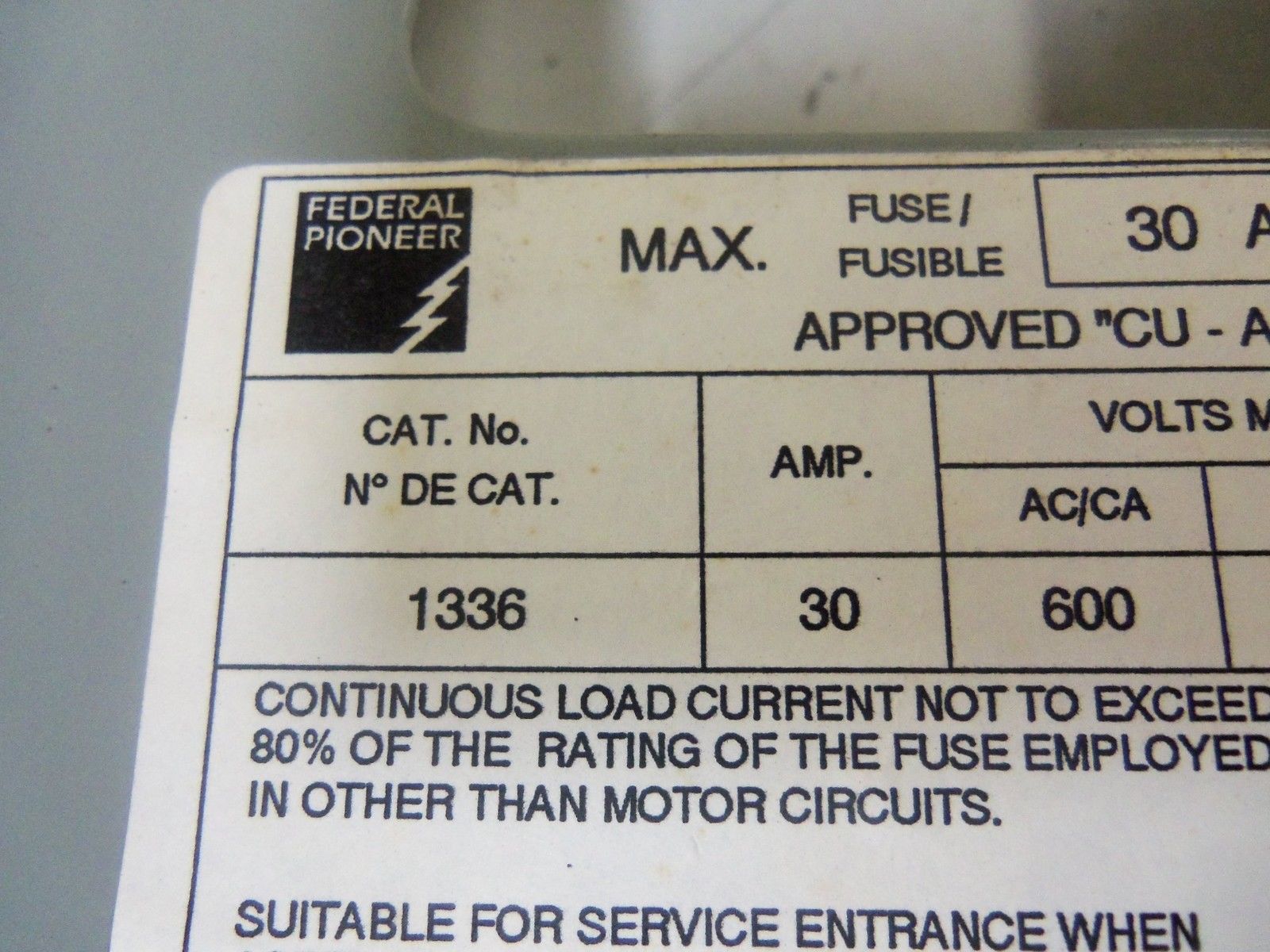 FEDERAL PIONEER 1336 DISCONNECT SWITCH *NEW NO BOX*