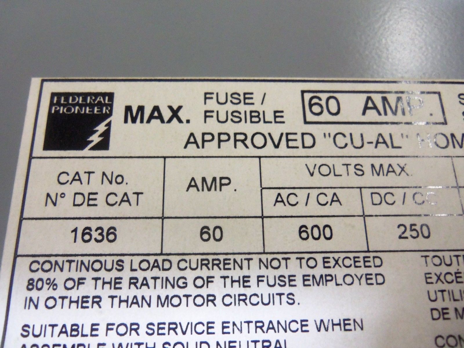 FEDERAL PIONEER 1636 DISCONNECT SWITCH *USED*