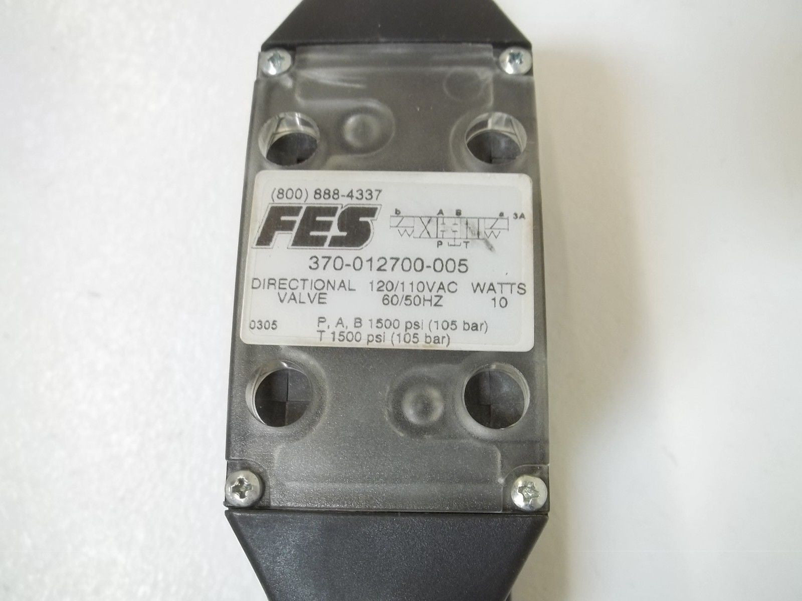 FES 370-012700-005 DIRECTIONAL VALVE 120/110VAC, WATTS 10 *USED*