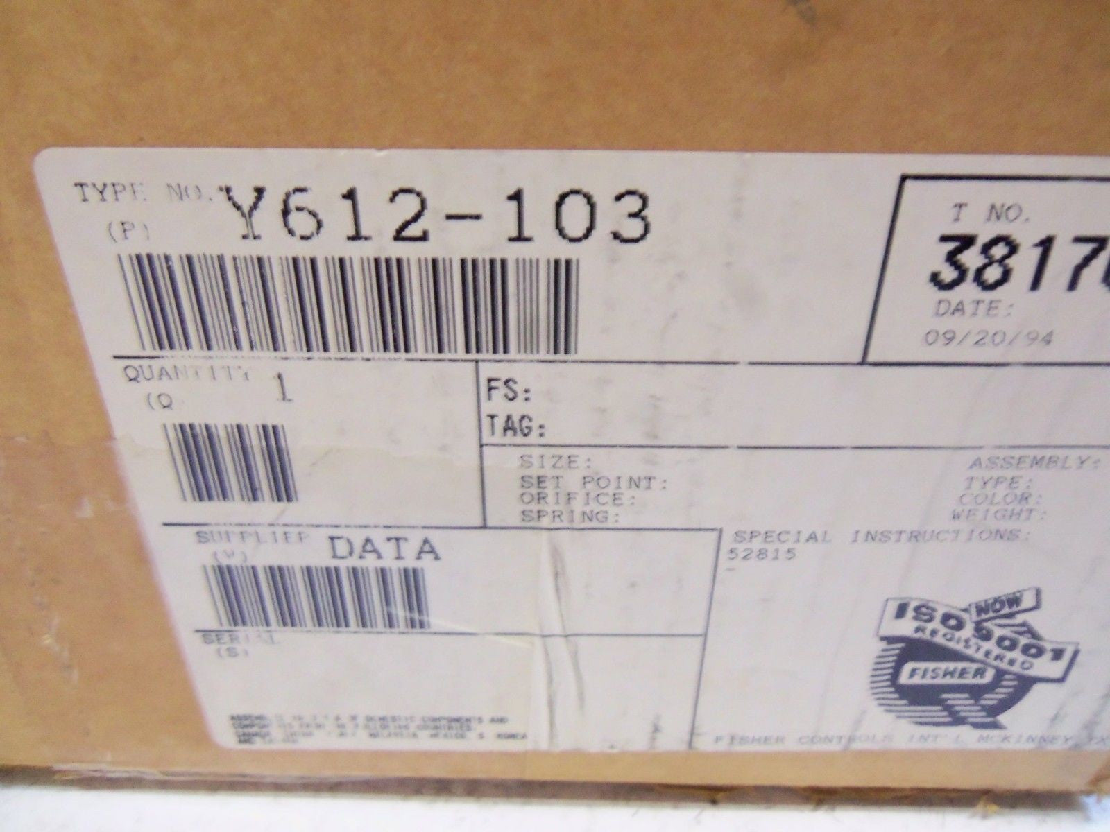 FISHER Y612-103 PUMP *NEW IN BOX*