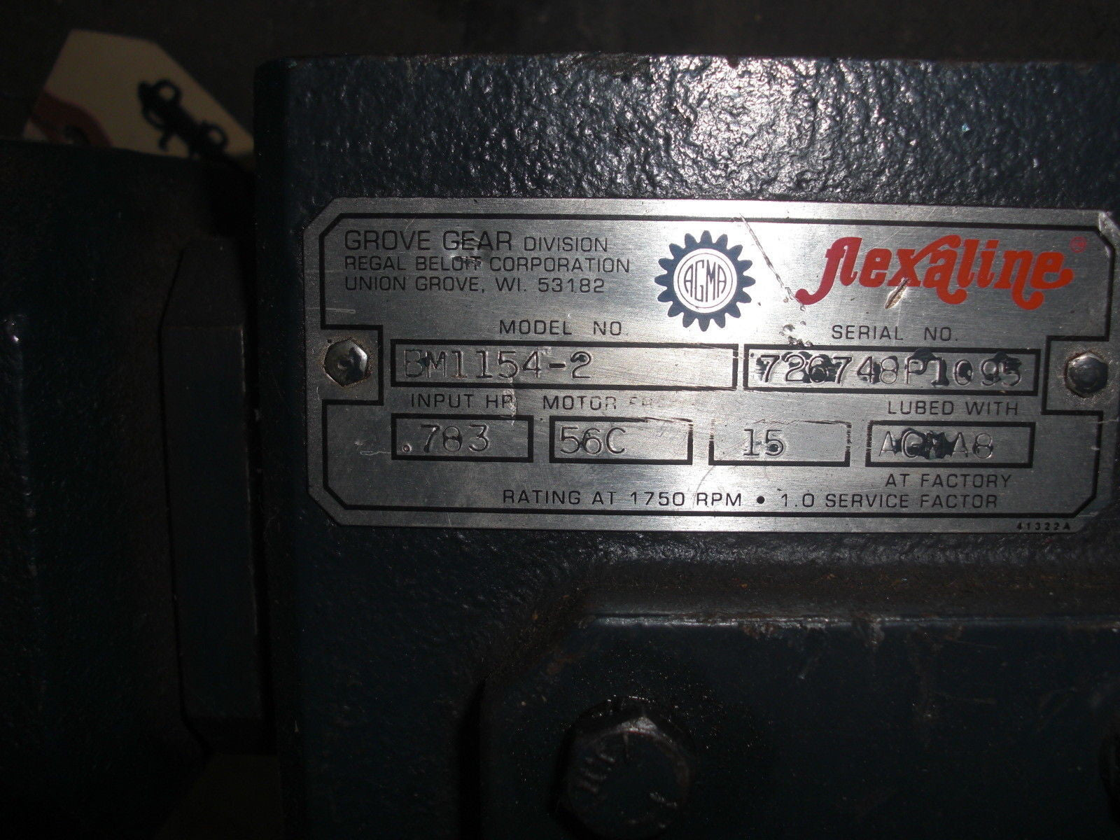 GROVE GEAR FLEXALINE BM1154-2 GEAR REDUCER .783 HP 1750 RPM 15:1 *NEW NO BOX*