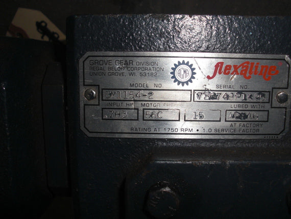 GROVE GEAR FLEXALINE BM1154-2 GEAR REDUCER .783 HP 1750 RPM 15:1 *NEW NO BOX*