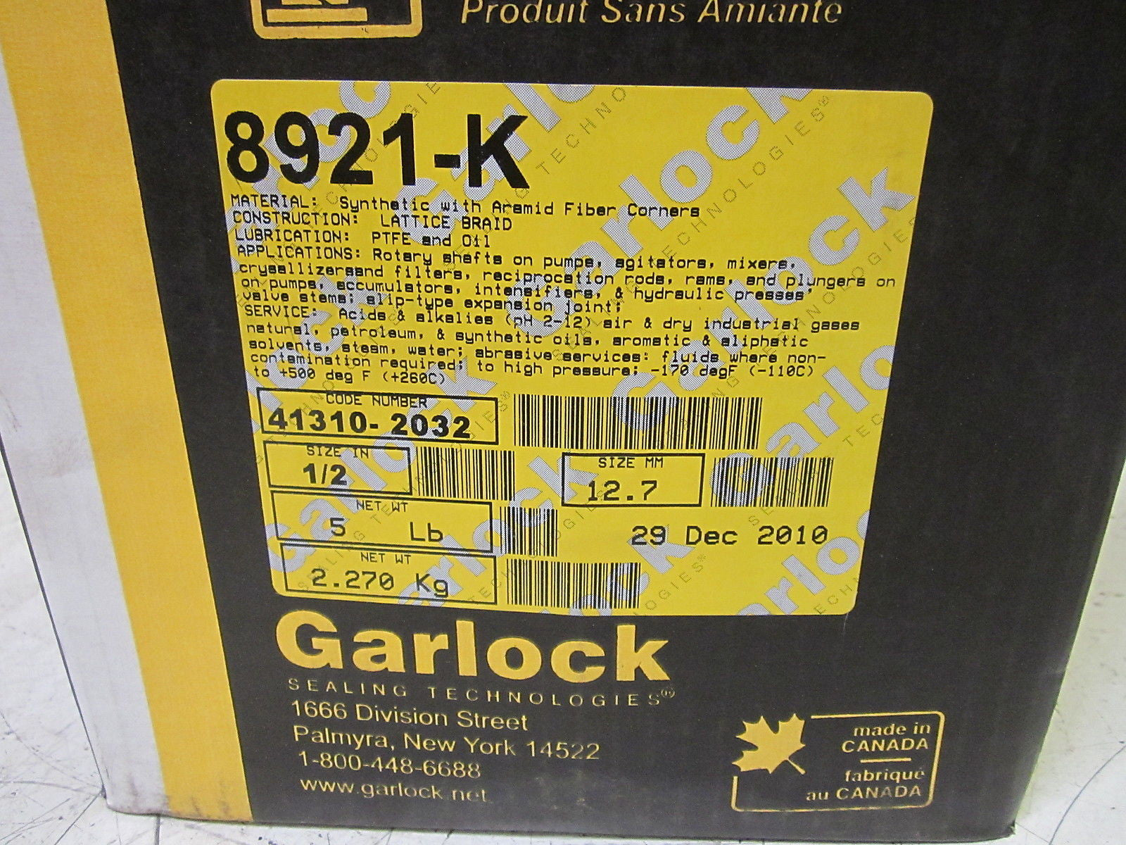 GARLOCK 8921-K COMPRESSION PACKING 1/2" *NEW IN BOX*