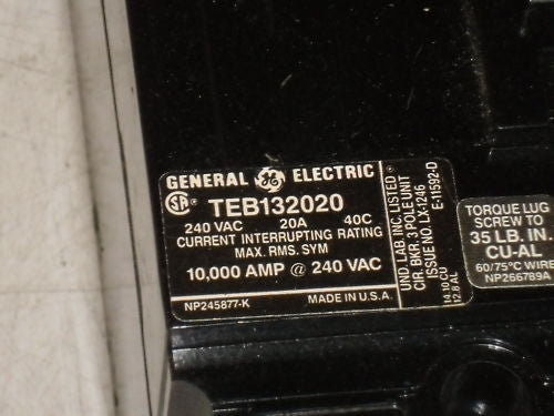 GENERAL ELECTRIC TEB132020 CIRCUIT BREAKER *USED*