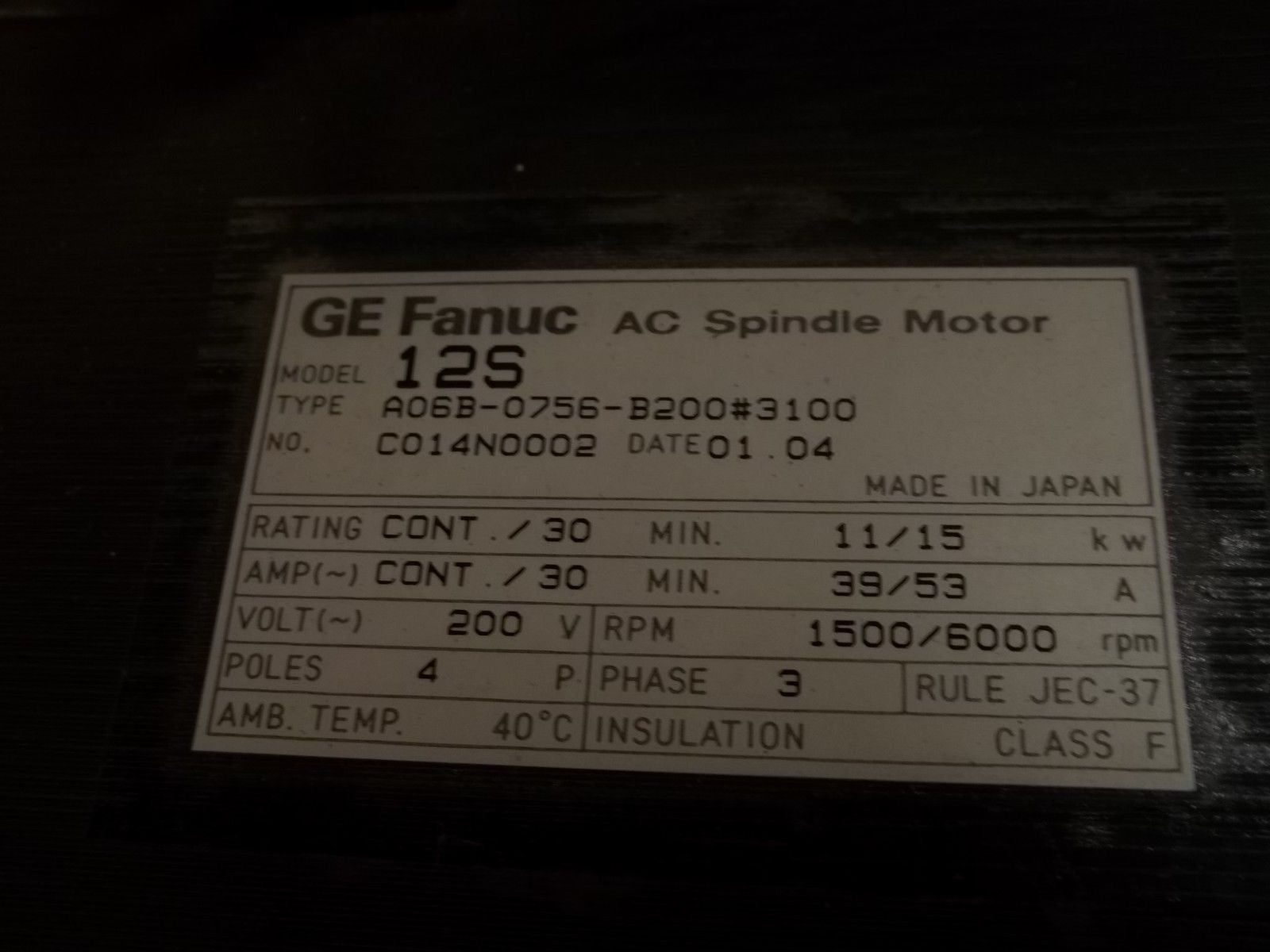 GE FANUC AC SPINDLE MOTOR A06B-0756-B200#3100 *NEW*
