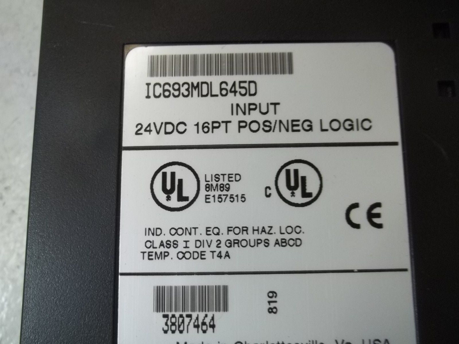 GE FANUC IC693MDL645D INPUT 24VDC 16PT POS/NEG LOGIC *USED*
