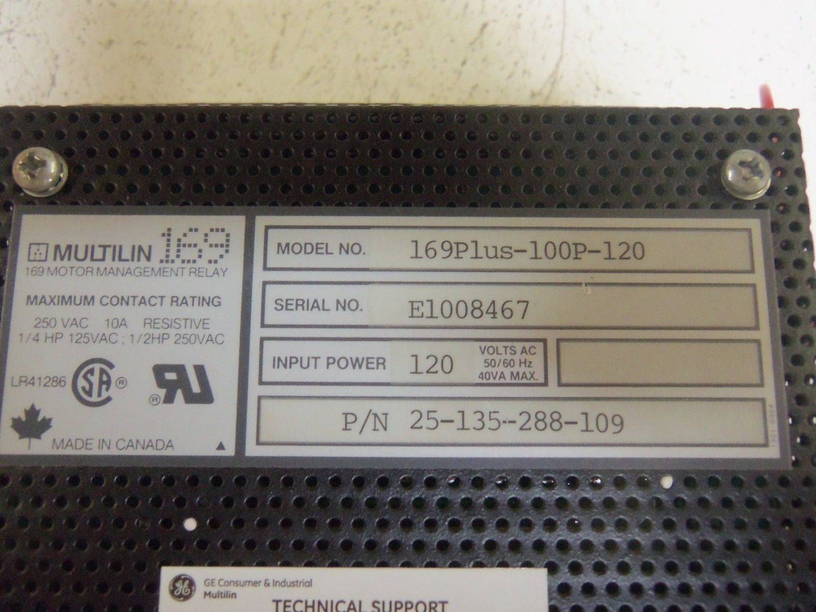 GENERAL ELECTRIC 169PLUS-100P-120 MOTOR PROTECTION RELAY 120VDC *USED*