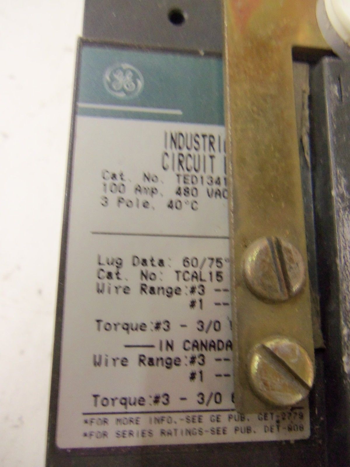 GENERAL ELECTRIC TED134100 CIRCUIT BREAKER 100A (GREEN) *USED*