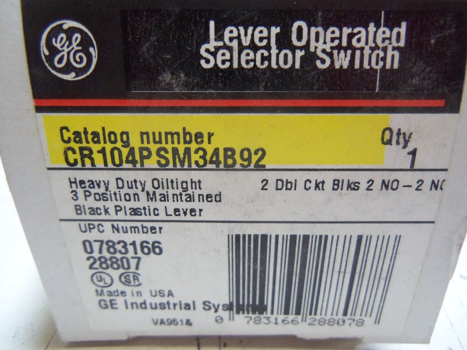 GENERAL ELECTRIC CR104PSM34B92 LEVER OPERATED SELECTOR SWITCH  *NEW IN BOX*