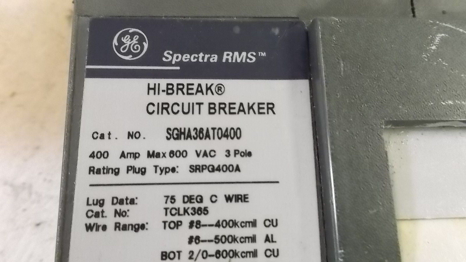 GENERAL ELECTRIC SGHA36AT0400 CIRCUIT BREAKER 400A (NO TRIP) *USED*
