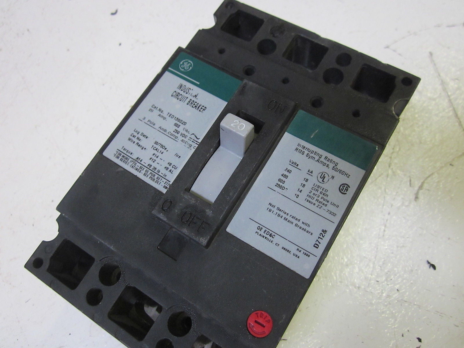 GENERAL ELECTRIC TED136020 CIRCUIT BREAKER 20A 600V *USED*