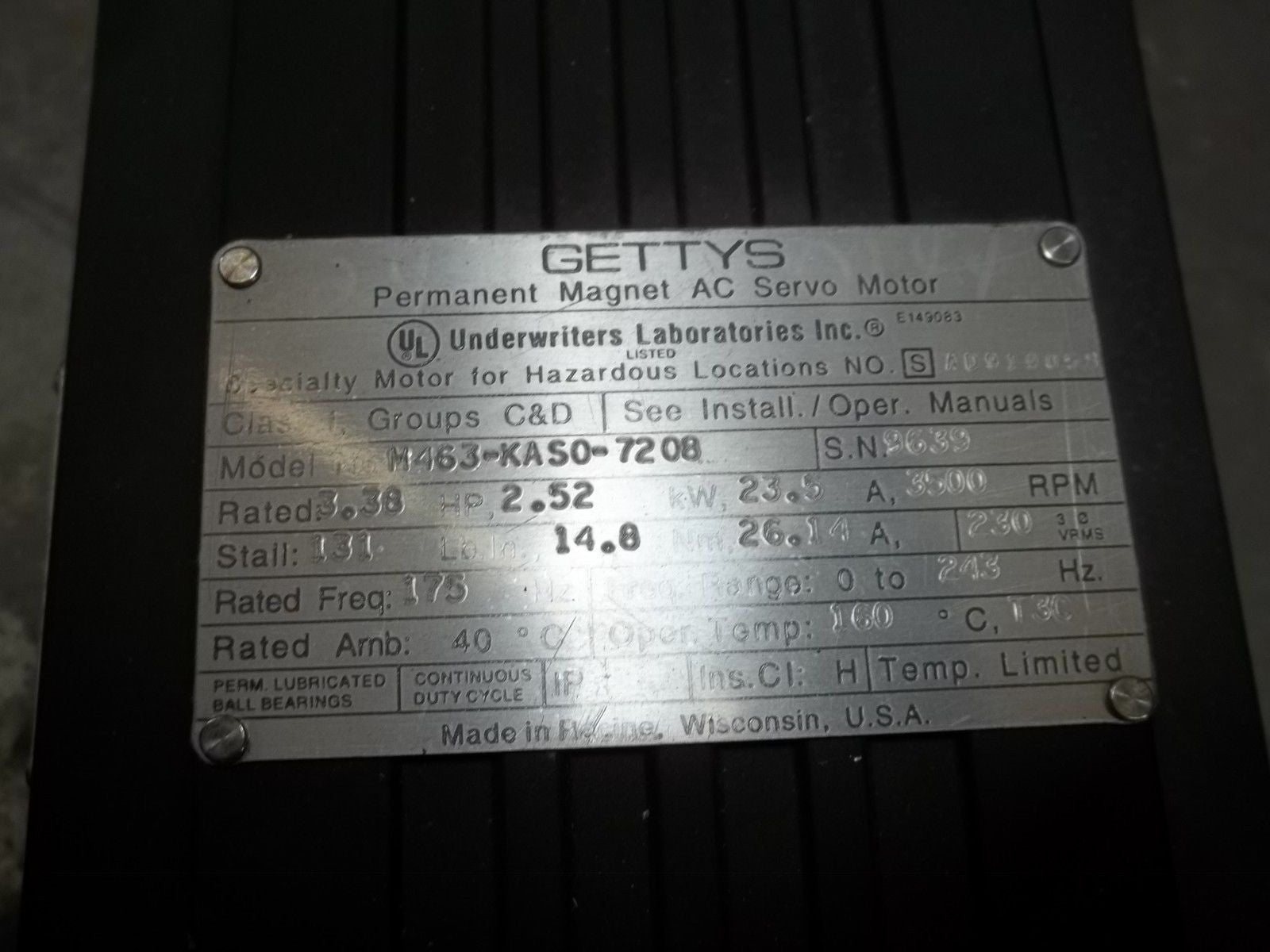 GETTYS M463-KAS0-7208 PERMANENT AC SERVO MOTOR 3.38 HP 3500 RPM *NEW NO BOX*