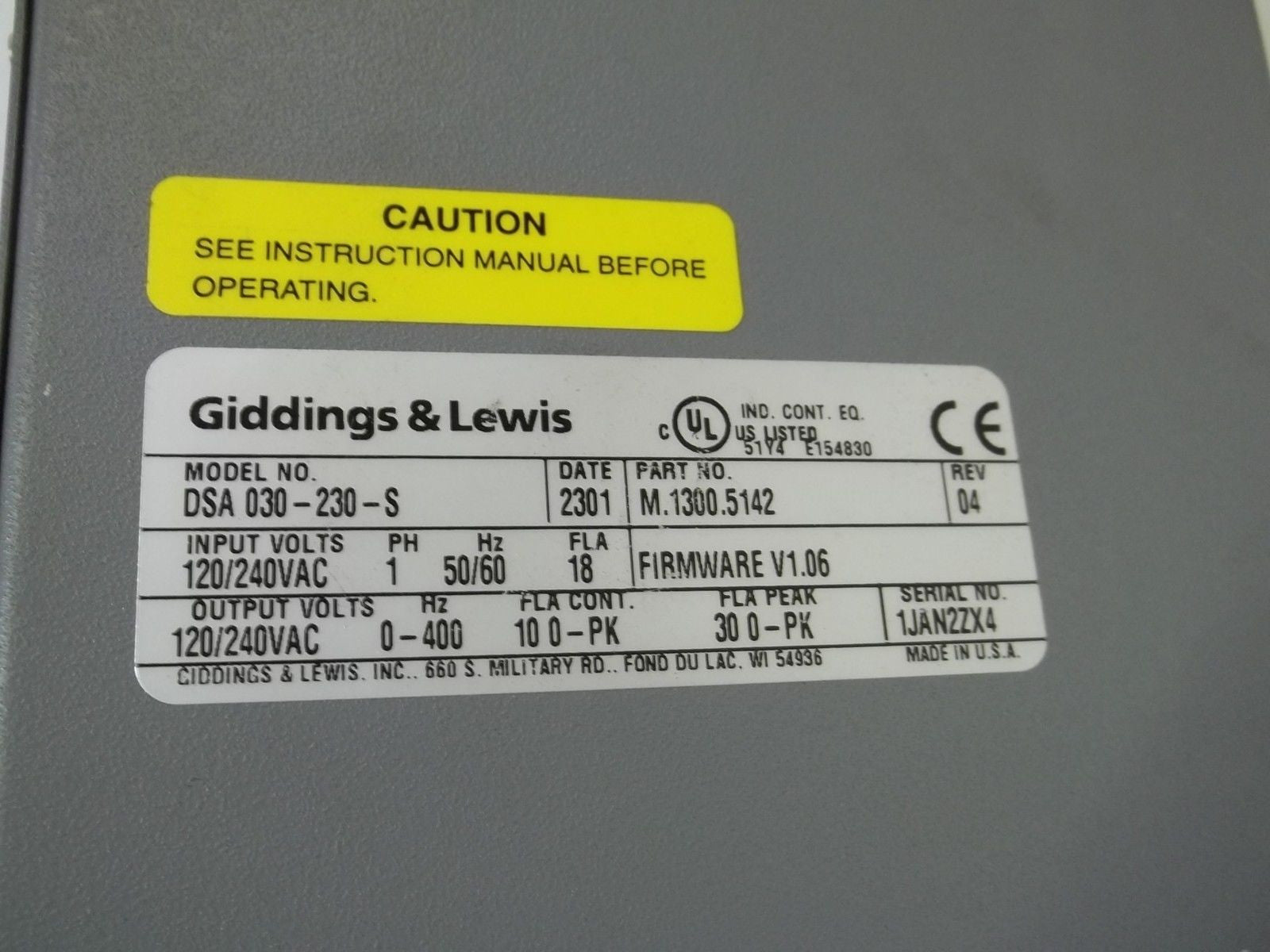 GIDDING & LEWIS DSA030-230-S *USED*