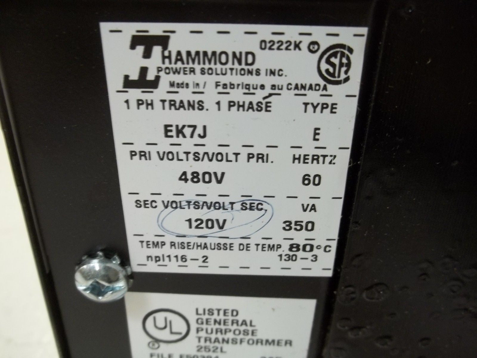 HAMMOND POWER SOLUTIONS INC. EK7J CONTROL TRANFORMER *NEW IN BOX*