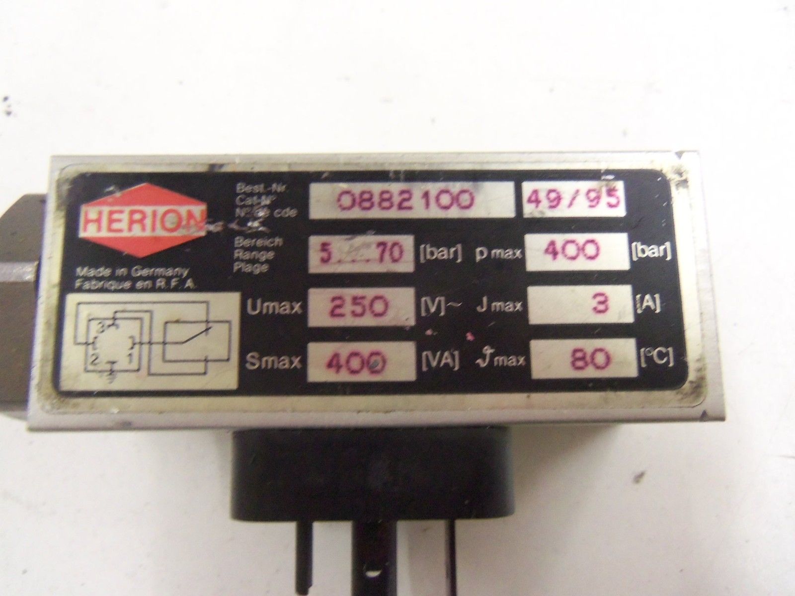 HERION 0882100 PRESSURE SWITCH *USED*
