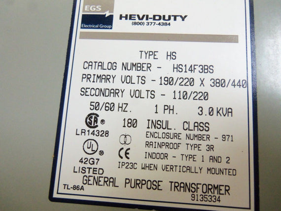 HEVI DUTY HS14F3BS TRANSFORMER *NEW IN BOX*