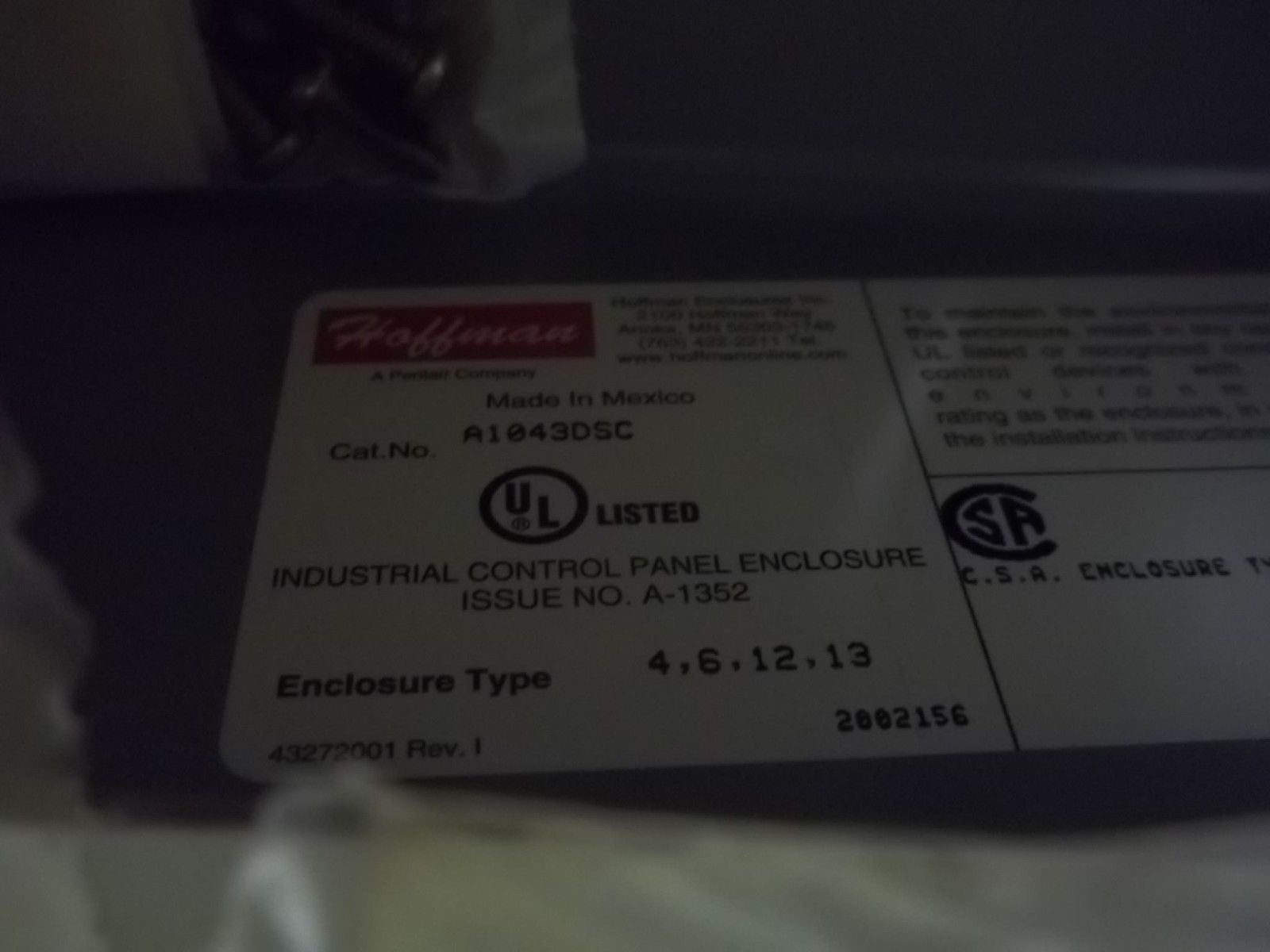 HOFFMAN A1043DSC ENCLOSURE *NEW NO BOX*