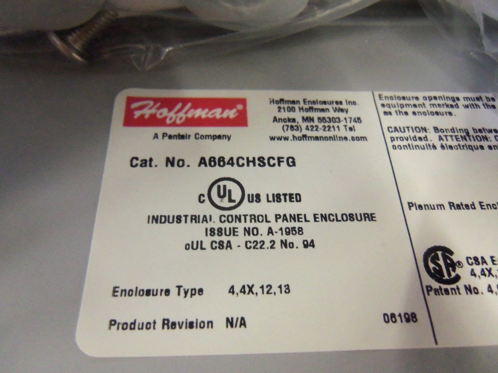 HOFFMAN A664CHSCFG ENCLOSURE *NEW IN BOX*