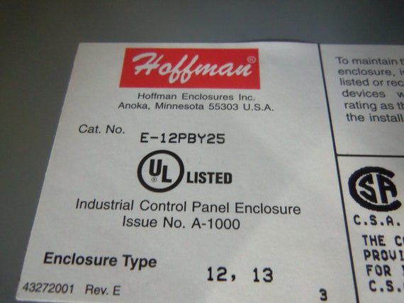 HOFFMAN E-12PBY25 ENCLOSURE *NEW NO BOX*