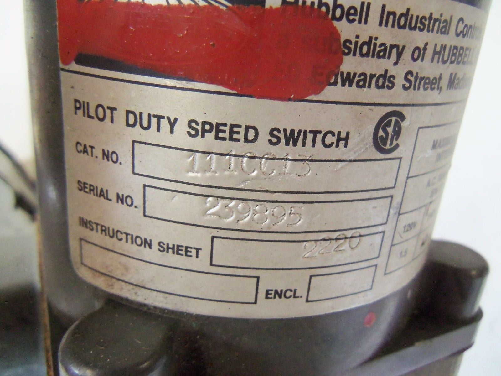 HUBBELL 111CC13 PILOT DUTY SPEED SWITCH *USED*