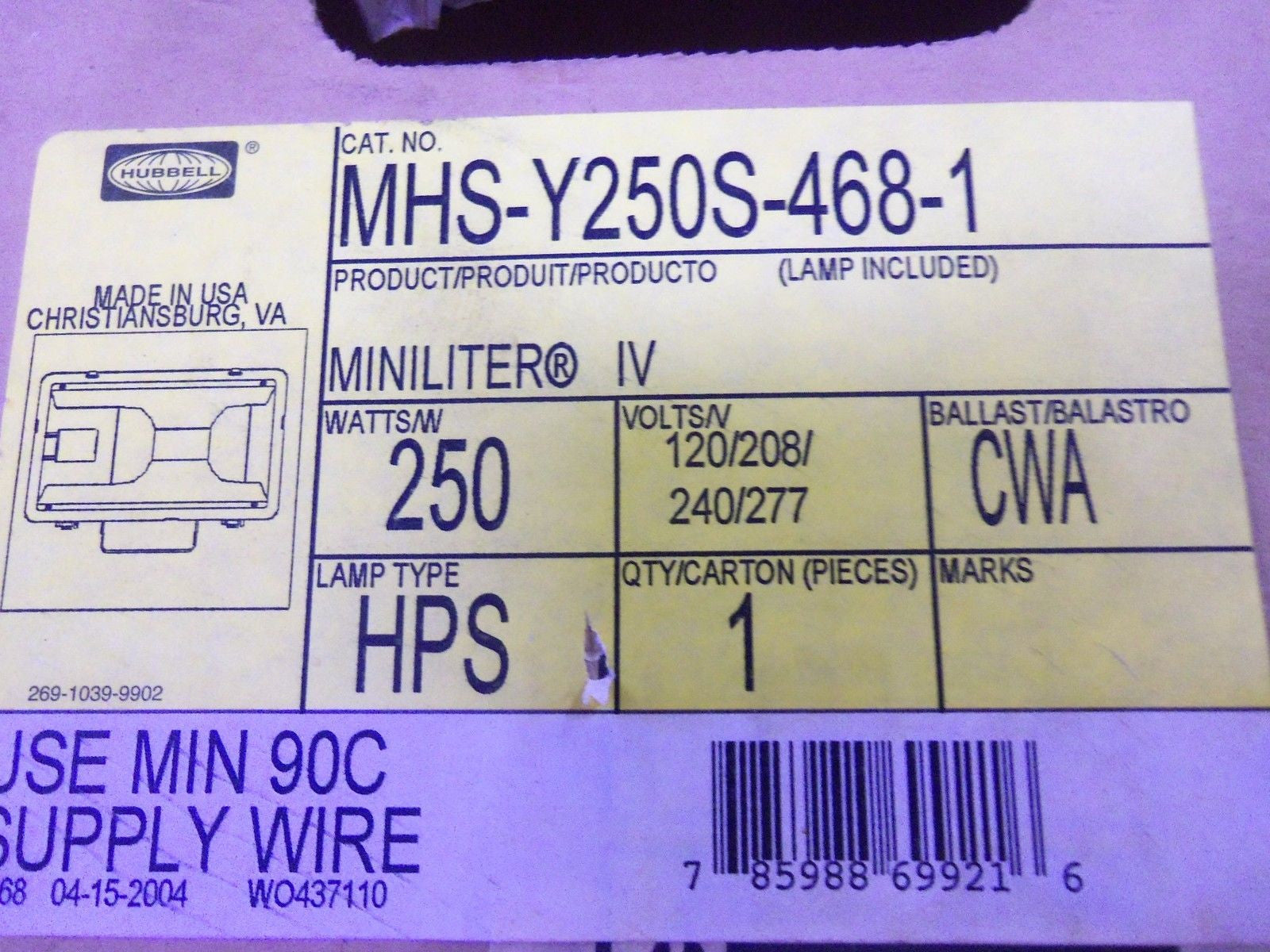 HUBBELL MHS-Y250S-468-1 *NEW IN BOX*