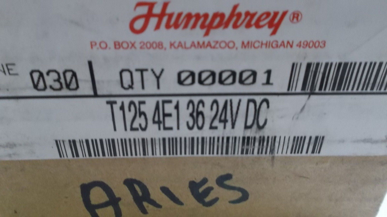 HUMPHREY SOLENOID VALVE  T125 RE1 36 *USED*