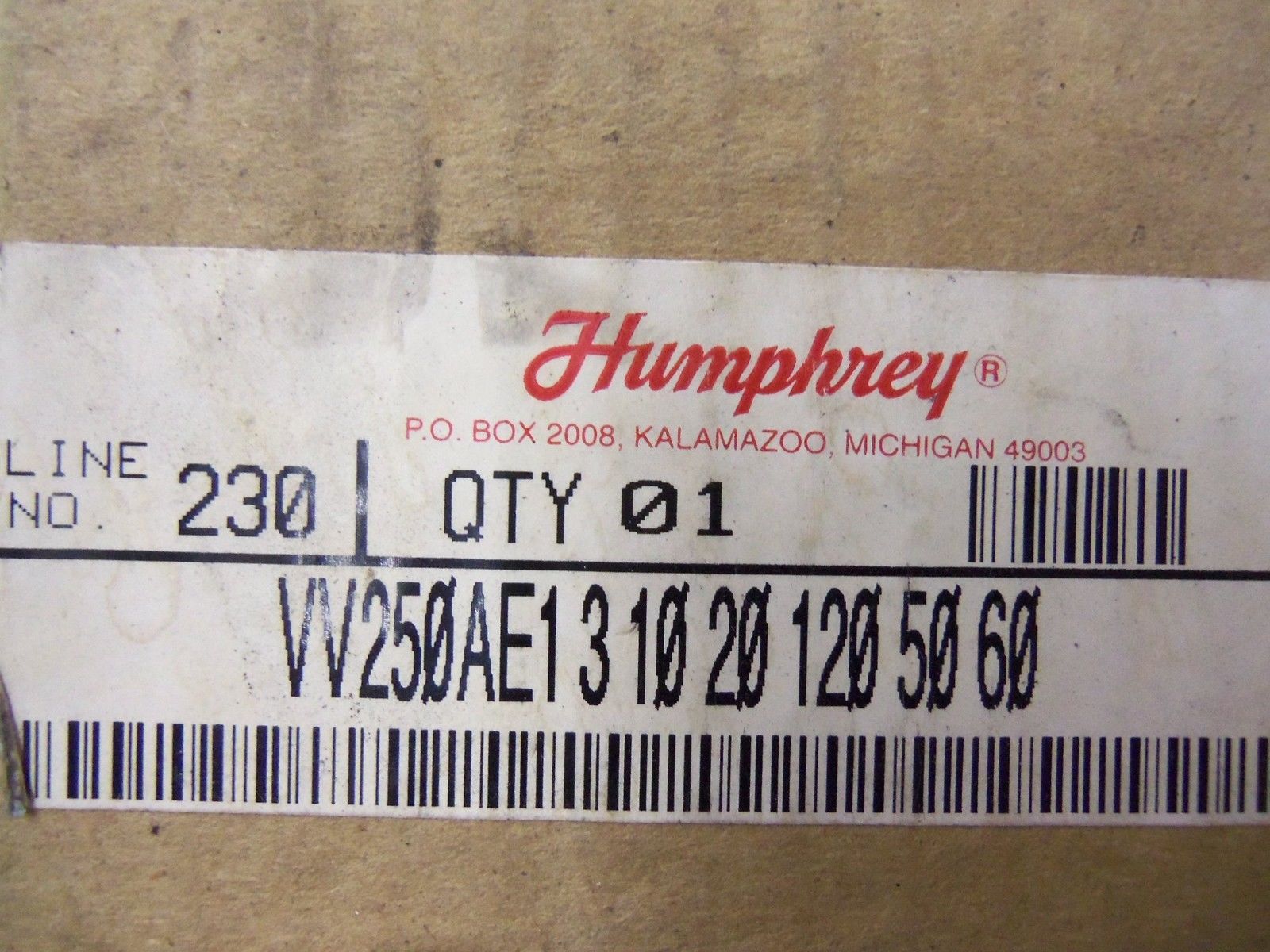 HUMPHREY VV250AE13 10 20 120 50 60 *NEW IN BOX*