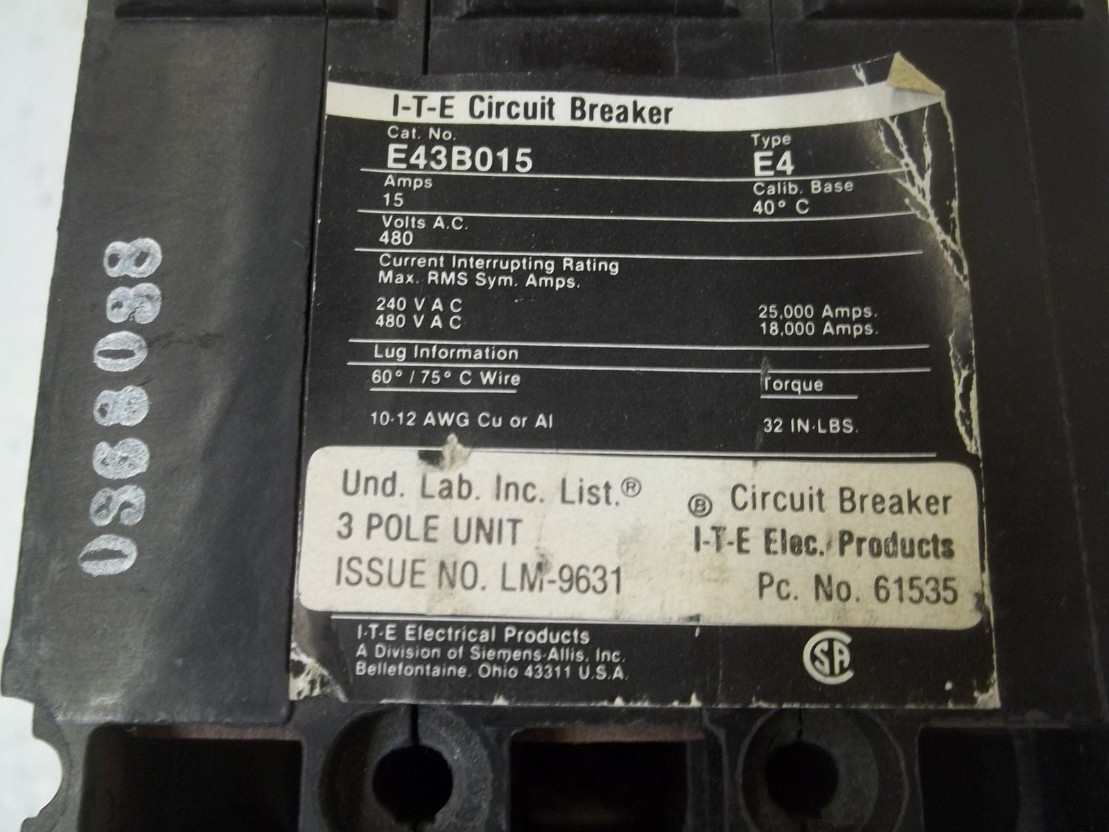 I-T-E E43B015 CIRCUIT BREAKER *USED*