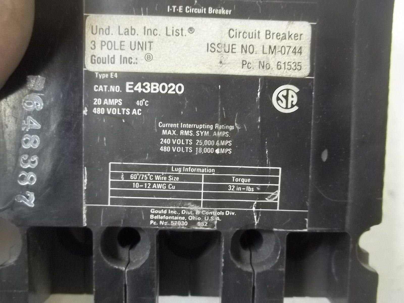 I-T-E E43B020 CIRCUIT BREAKER *NEW NO BOX*
