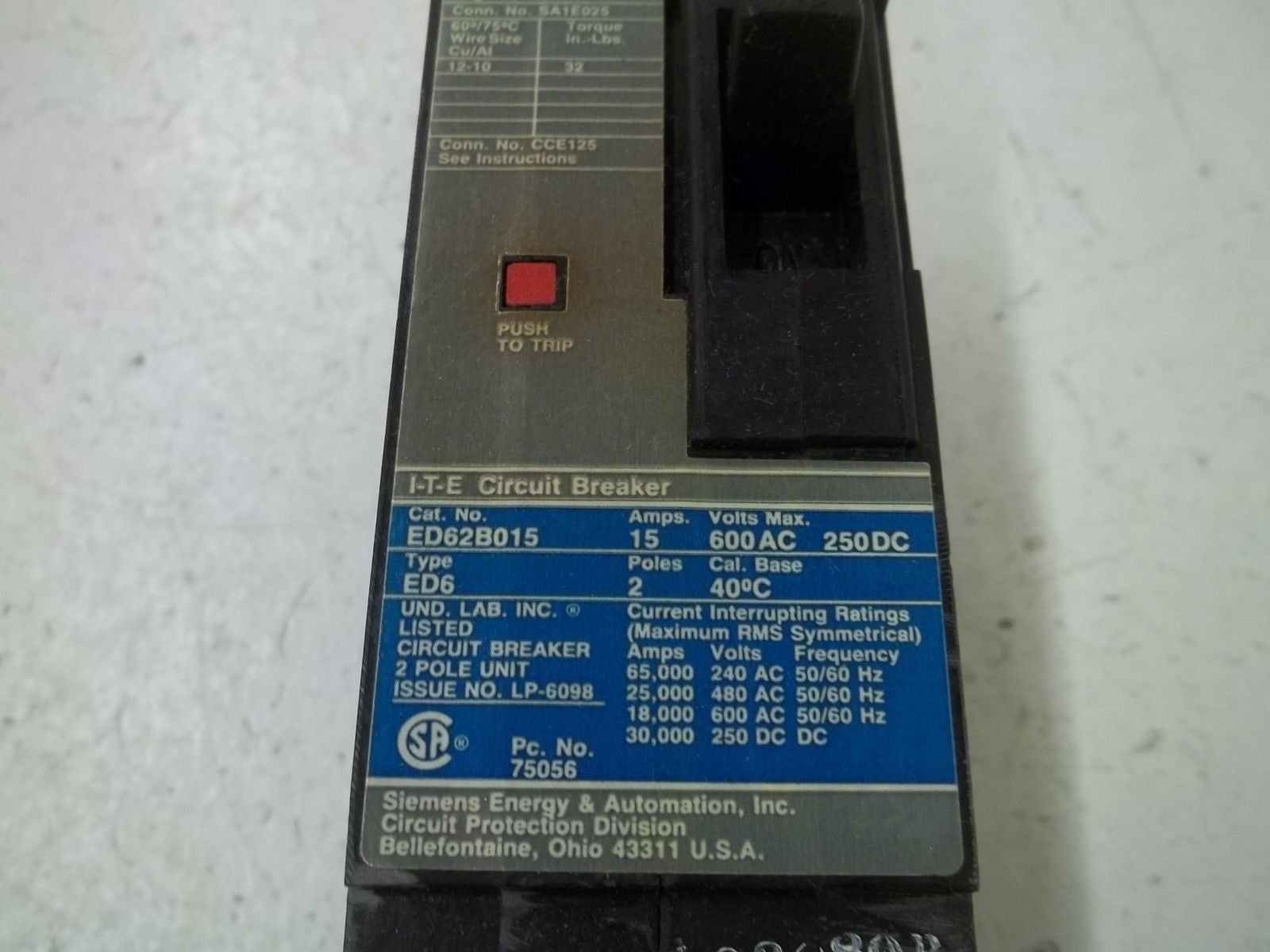 I-T-E ED62B015 CIRCUIT BREAKER *USED*