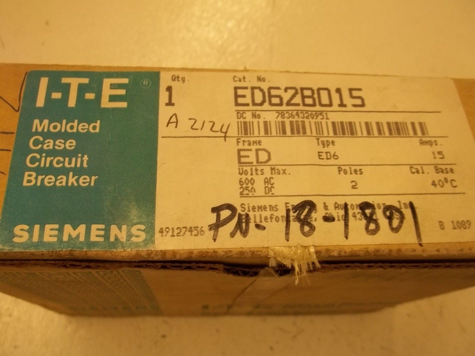I-T-E ED62B015 CIRCUIT BREAKER *USED*