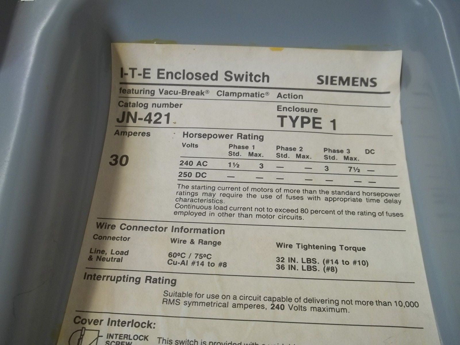I-T-E JN421 ENCLOSED SWITCH *NEW NO BOX*